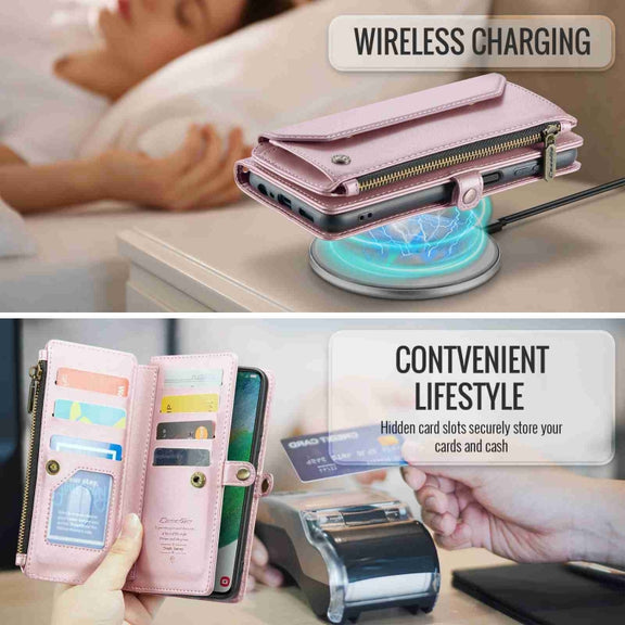 For Samsung Galaxy S21 FE 5G CaseMe C36 Card Slots Zipper Wallet RFID Anti-theft Leather Phone Case(Pink)