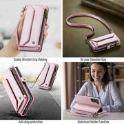 For Samsung Galaxy S21 FE 5G CaseMe C36 Card Slots Zipper Wallet RFID Anti-theft Leather Phone Case(Pink)