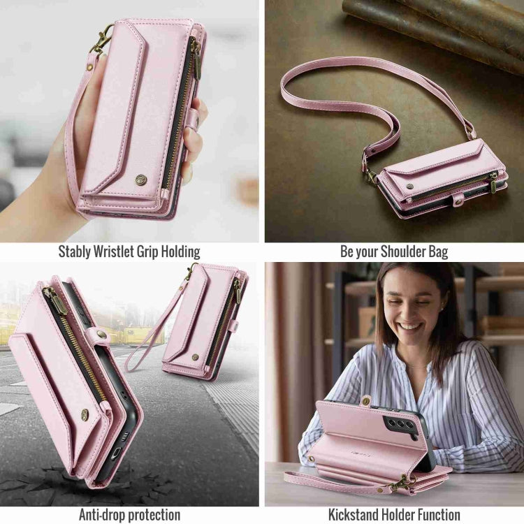 For Samsung Galaxy S21 FE 5G CaseMe C36 Card Slots Zipper Wallet RFID Anti-theft Leather Phone Case(Pink)