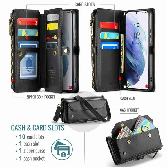 For Samsung Galaxy S21+ 5G CaseMe C36 Card Slots Zipper Wallet RFID Anti-theft Leather Phone Case(Black)