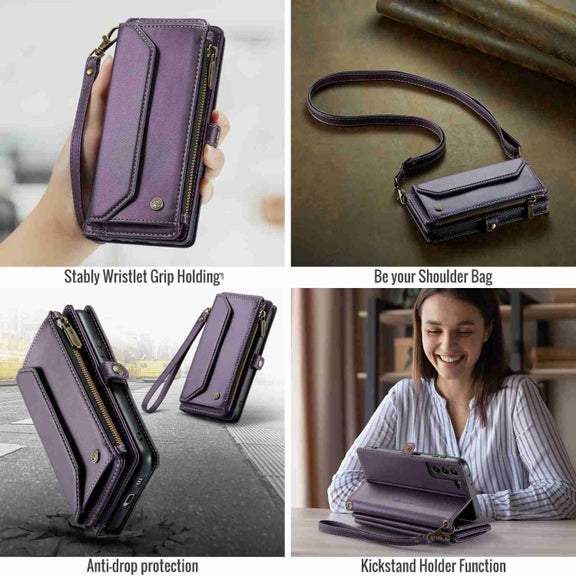 For Samsung Galaxy S21+ 5G CaseMe C36 Card Slots Zipper Wallet RFID Anti-theft Leather Phone Case(Purple)