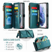 For Samsung Galaxy S21+ 5G CaseMe C36 Card Slots Zipper Wallet RFID Anti-theft Leather Phone Case(Blue-green)