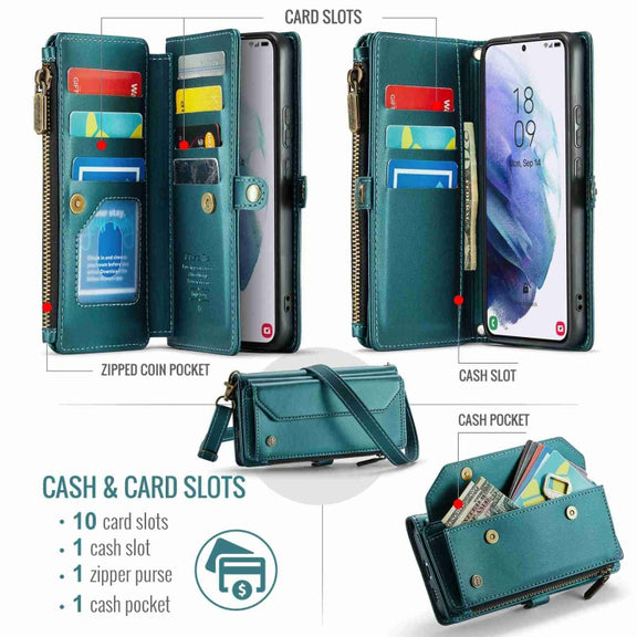 For Samsung Galaxy S21+ 5G CaseMe C36 Card Slots Zipper Wallet RFID Anti-theft Leather Phone Case(Blue-green)
