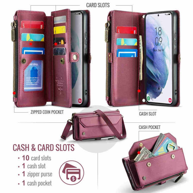 For Samsung Galaxy S21+ 5G CaseMe C36 Card Slots Zipper Wallet RFID Anti-theft Leather Phone Case(Wine Red)