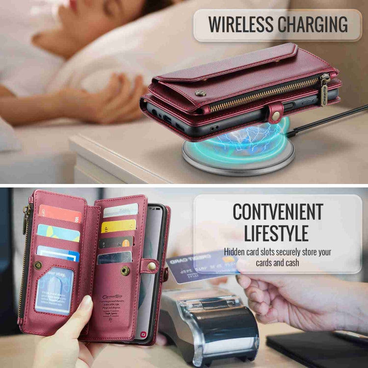 For Samsung Galaxy S21+ 5G CaseMe C36 Card Slots Zipper Wallet RFID Anti-theft Leather Phone Case(Wine Red)