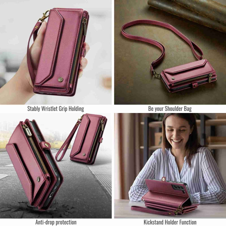 For Samsung Galaxy S21+ 5G CaseMe C36 Card Slots Zipper Wallet RFID Anti-theft Leather Phone Case(Wine Red)