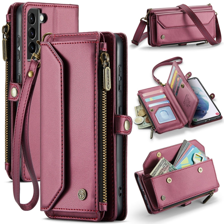 For Samsung Galaxy S21+ 5G CaseMe C36 Card Slots Zipper Wallet RFID Anti-theft Leather Phone Case(Wine Red) - free shipping - PMC Jewellery - Order now!