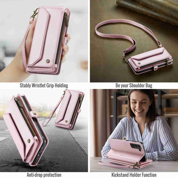 For Samsung Galaxy S21+ 5G CaseMe C36 Card Slots Zipper Wallet RFID Anti-theft Leather Phone Case(Pink)