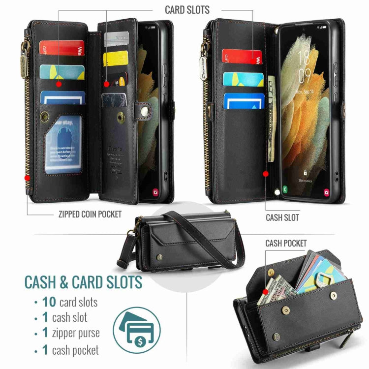 For Samsung Galaxy S21 Ultra 5G CaseMe C36 Card Slots Zipper Wallet RFID Anti-theft Leather Phone Case(Black)