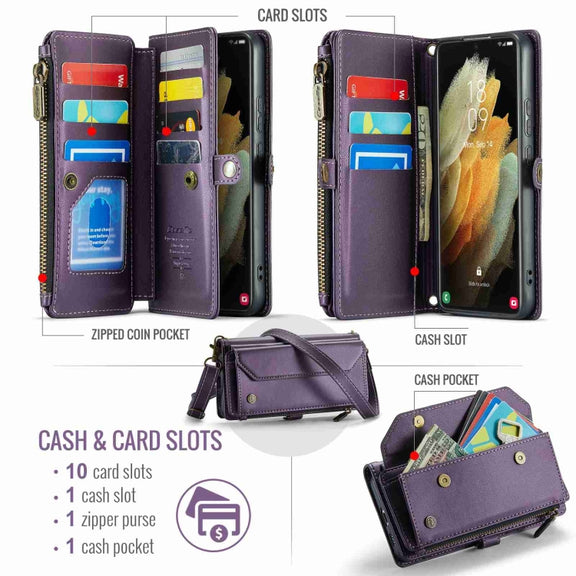 For Samsung Galaxy S21 Ultra 5G CaseMe C36 Card Slots Zipper Wallet RFID Anti-theft Leather Phone Case(Purple)