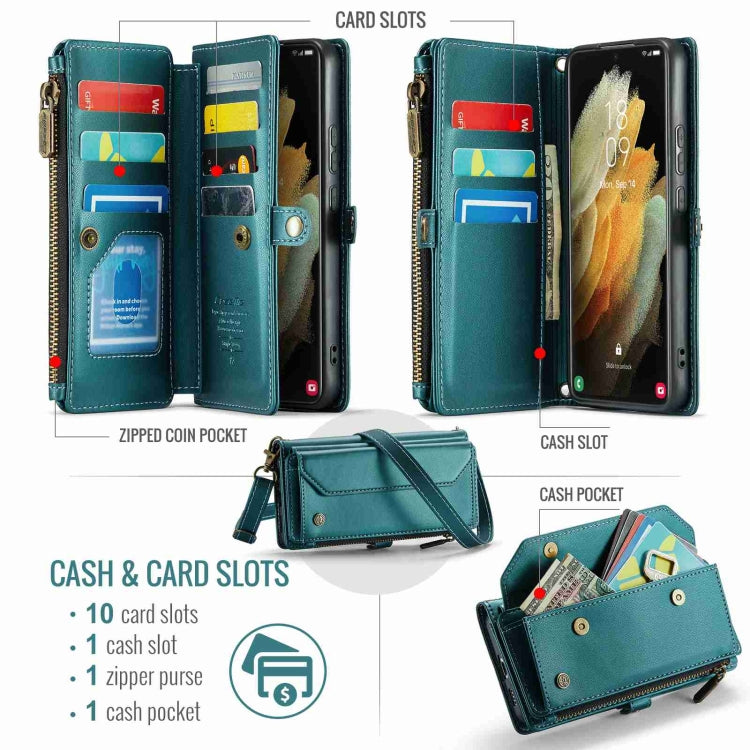 For Samsung Galaxy S21 Ultra 5G CaseMe C36 Card Slots Zipper Wallet RFID Anti-theft Leather Phone Case(Blue-green)
