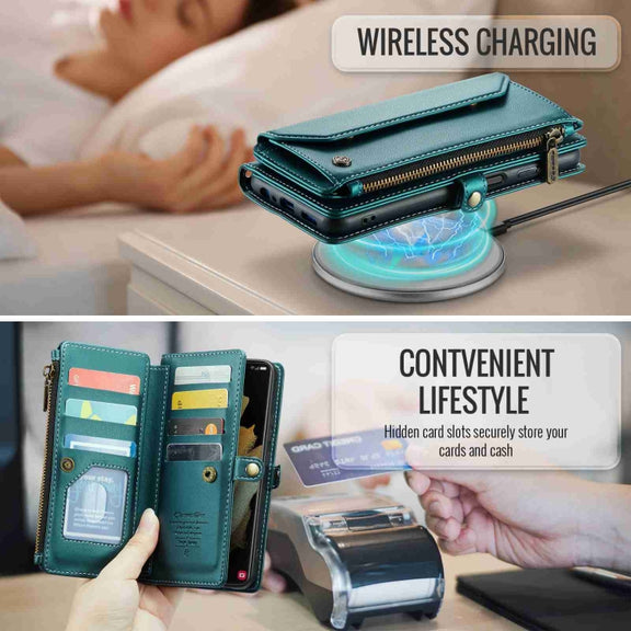 For Samsung Galaxy S21 Ultra 5G CaseMe C36 Card Slots Zipper Wallet RFID Anti-theft Leather Phone Case(Blue-green)