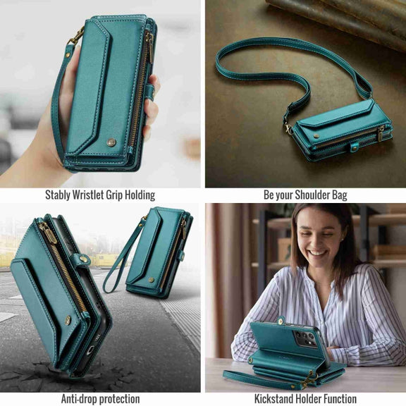 For Samsung Galaxy S21 Ultra 5G CaseMe C36 Card Slots Zipper Wallet RFID Anti-theft Leather Phone Case(Blue-green)
