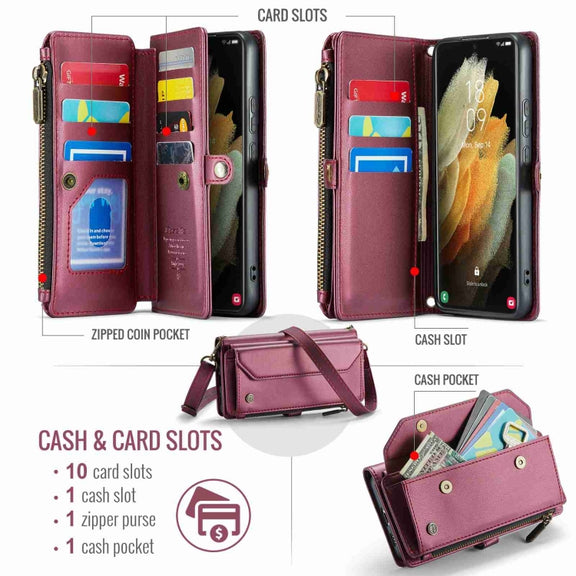 For Samsung Galaxy S21 Ultra 5G CaseMe C36 Card Slots Zipper Wallet RFID Anti-theft Leather Phone Case(Wine Red)