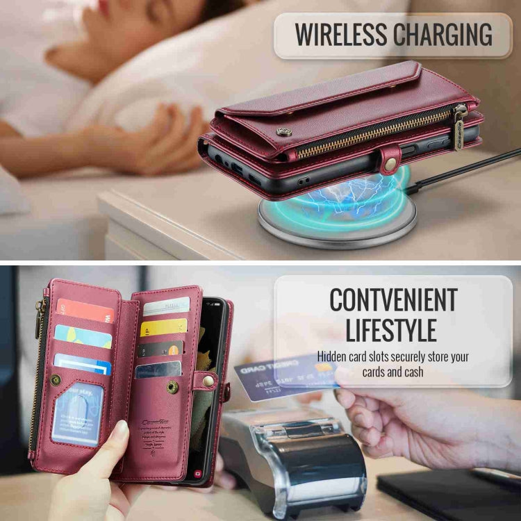 For Samsung Galaxy S21 Ultra 5G CaseMe C36 Card Slots Zipper Wallet RFID Anti-theft Leather Phone Case(Wine Red)