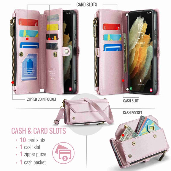 For Samsung Galaxy S21 Ultra 5G CaseMe C36 Card Slots Zipper Wallet RFID Anti-theft Leather Phone Case(Pink)