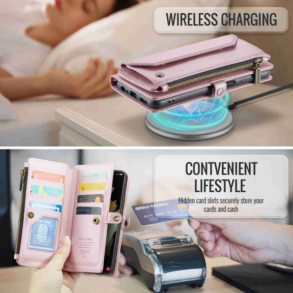 For Samsung Galaxy S21 Ultra 5G CaseMe C36 Card Slots Zipper Wallet RFID Anti-theft Leather Phone Case(Pink)
