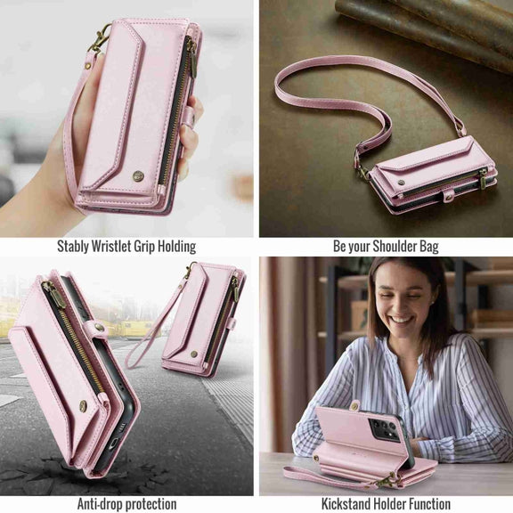 For Samsung Galaxy S21 Ultra 5G CaseMe C36 Card Slots Zipper Wallet RFID Anti-theft Leather Phone Case(Pink)