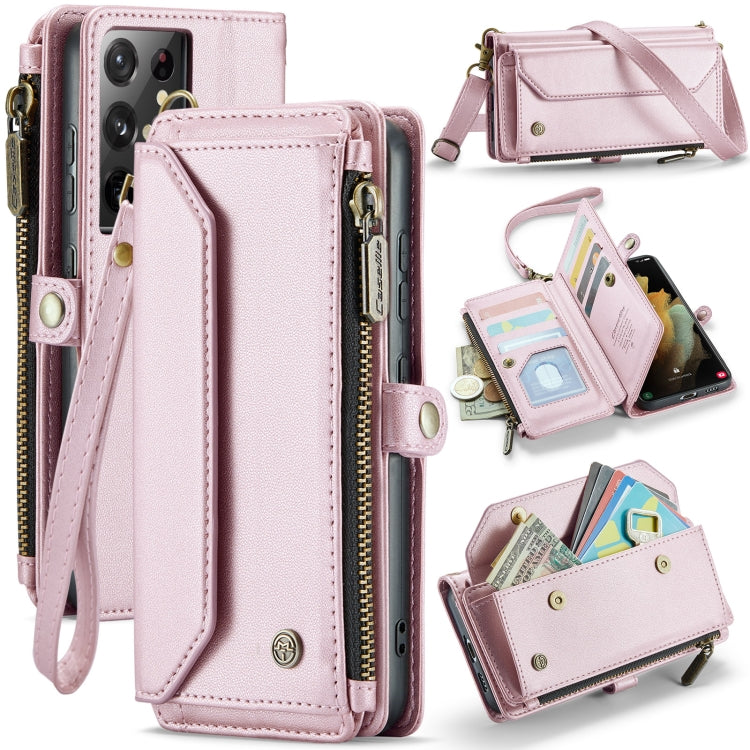 For Samsung Galaxy S21 Ultra 5G CaseMe C36 Card Slots Zipper Wallet RFID Anti-theft Leather Phone Case(Pink) - free shipping - PMC Jewellery - Order now!