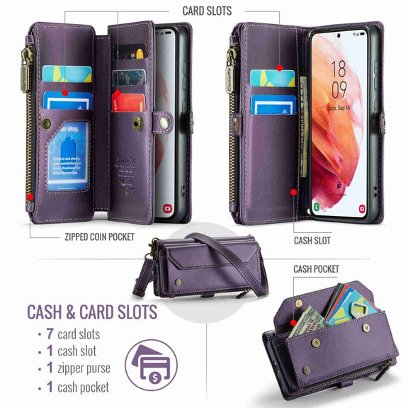 For Samsung Galaxy S21 5G CaseMe C36 Card Slots Zipper Wallet RFID Anti-theft Leather Phone Case(Purple)