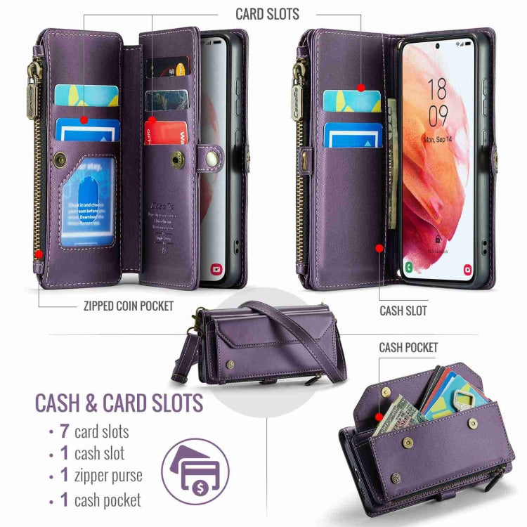 For Samsung Galaxy S21 5G CaseMe C36 Card Slots Zipper Wallet RFID Anti-theft Leather Phone Case(Purple)