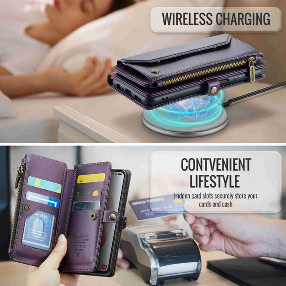 For Samsung Galaxy S21 5G CaseMe C36 Card Slots Zipper Wallet RFID Anti-theft Leather Phone Case(Purple)