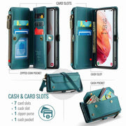 For Samsung Galaxy S21 5G CaseMe C36 Card Slots Zipper Wallet RFID Anti-theft Leather Phone Case(Blue-green)