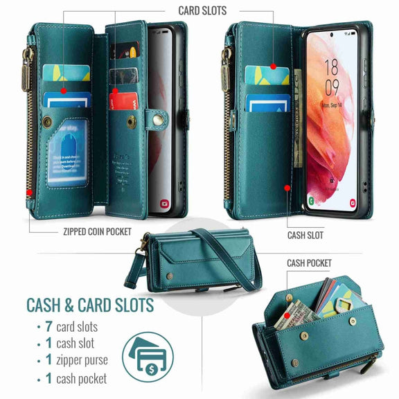 For Samsung Galaxy S21 5G CaseMe C36 Card Slots Zipper Wallet RFID Anti-theft Leather Phone Case(Blue-green)