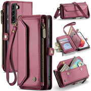 For Samsung Galaxy S21 5G CaseMe C36 Card Slots Zipper Wallet RFID Anti-theft Leather Phone Case(Wine Red)