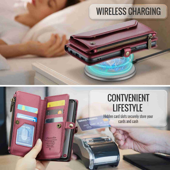 For Samsung Galaxy S21 5G CaseMe C36 Card Slots Zipper Wallet RFID Anti-theft Leather Phone Case(Wine Red)