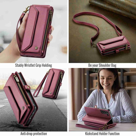 For Samsung Galaxy S21 5G CaseMe C36 Card Slots Zipper Wallet RFID Anti-theft Leather Phone Case(Wine Red)