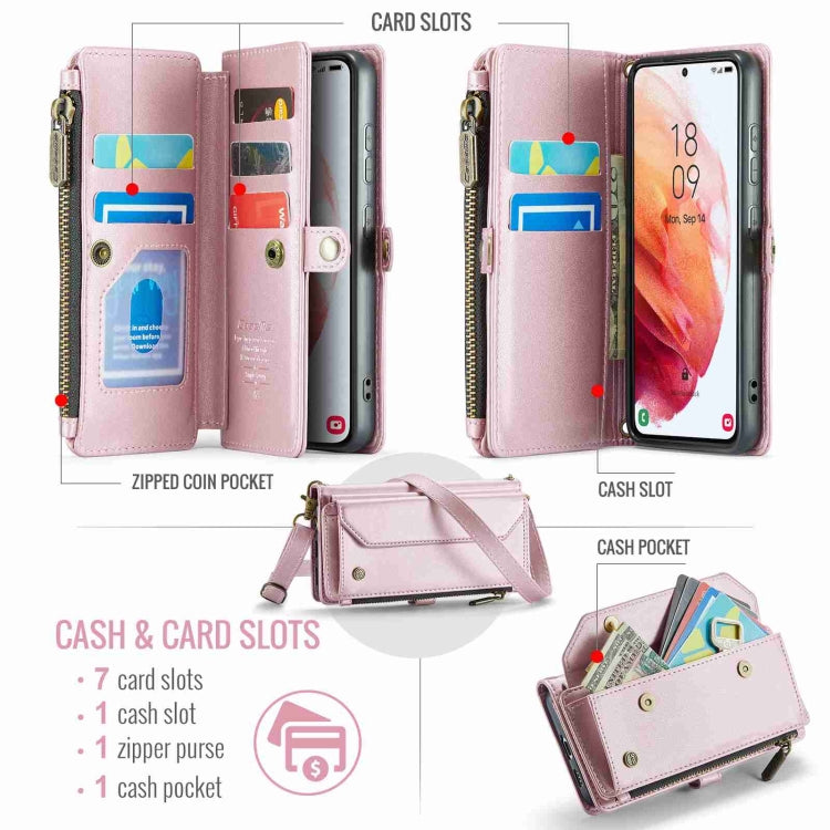For Samsung Galaxy S21 5G CaseMe C36 Card Slots Zipper Wallet RFID Anti-theft Leather Phone Case(Pink)