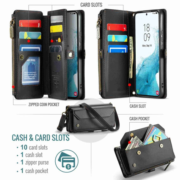 For Samsung Galaxy S22+ 5G CaseMe C36 Card Slots Zipper Wallet RFID Anti-theft Leather Phone Case(Black)