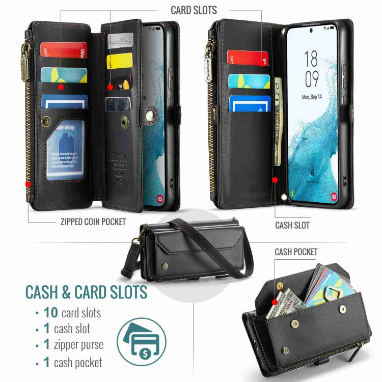 For Samsung Galaxy S22+ 5G CaseMe C36 Card Slots Zipper Wallet RFID Anti-theft Leather Phone Case(Black)