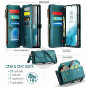 For Samsung Galaxy S22+ 5G CaseMe C36 Card Slots Zipper Wallet RFID Anti-theft Leather Phone Case(Blue-green)