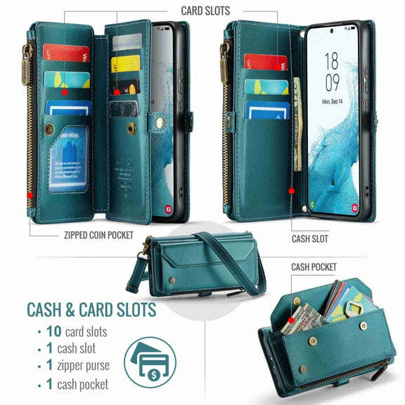 For Samsung Galaxy S22+ 5G CaseMe C36 Card Slots Zipper Wallet RFID Anti-theft Leather Phone Case(Blue-green)