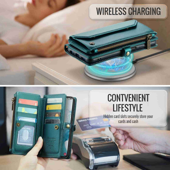 For Samsung Galaxy S22+ 5G CaseMe C36 Card Slots Zipper Wallet RFID Anti-theft Leather Phone Case(Blue-green)