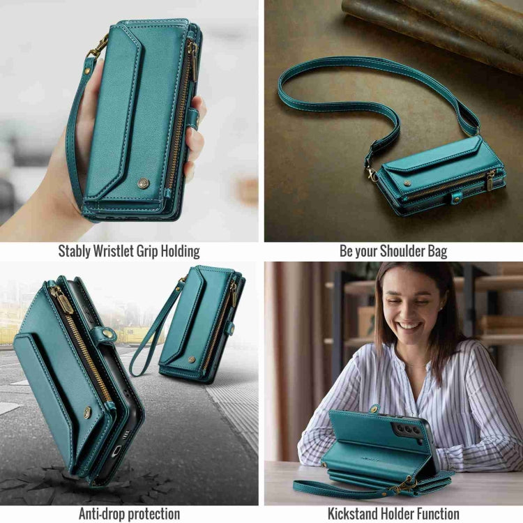 For Samsung Galaxy S22+ 5G CaseMe C36 Card Slots Zipper Wallet RFID Anti-theft Leather Phone Case(Blue-green)