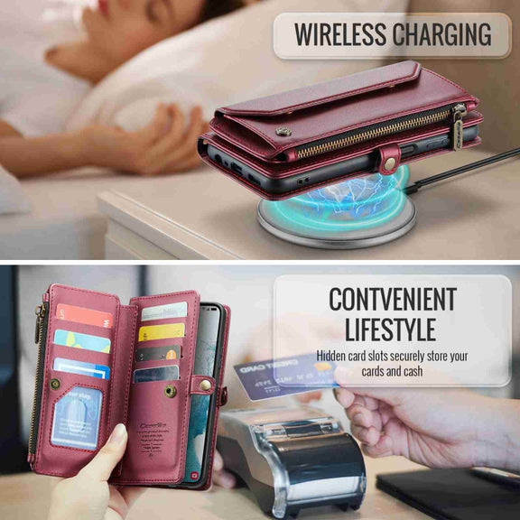 For Samsung Galaxy S22+ 5G CaseMe C36 Card Slots Zipper Wallet RFID Anti-theft Leather Phone Case(Wine Red)