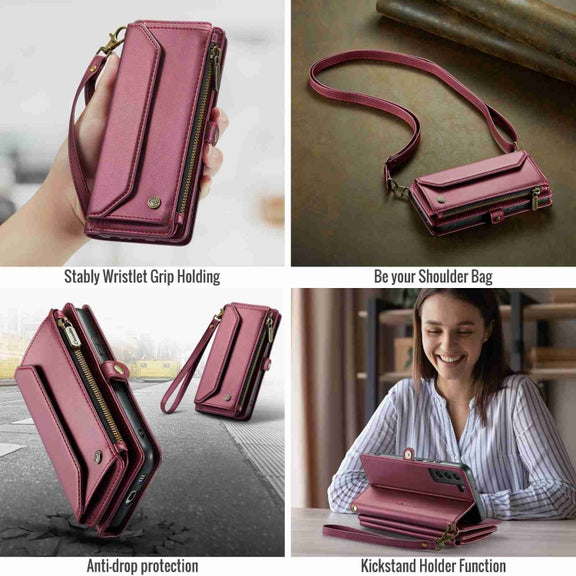 For Samsung Galaxy S22+ 5G CaseMe C36 Card Slots Zipper Wallet RFID Anti-theft Leather Phone Case(Wine Red)