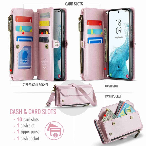 For Samsung Galaxy S22+ 5G CaseMe C36 Card Slots Zipper Wallet RFID Anti-theft Leather Phone Case(Pink)