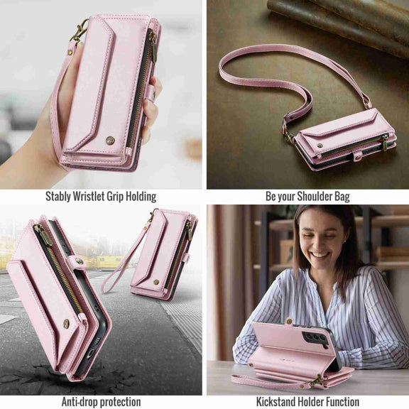 For Samsung Galaxy S22+ 5G CaseMe C36 Card Slots Zipper Wallet RFID Anti-theft Leather Phone Case(Pink)