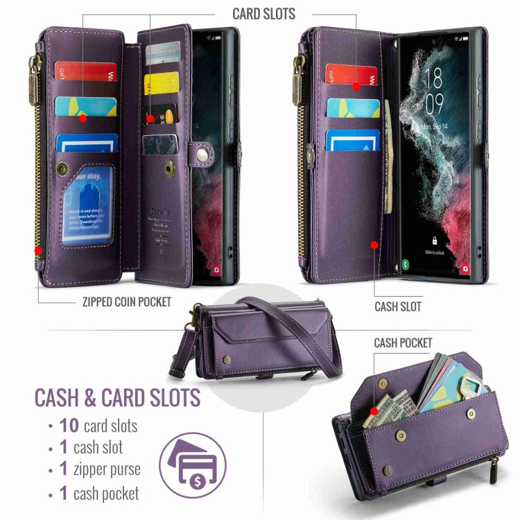 For Samsung Galaxy S22 Ultra 5G CaseMe C36 Card Slots Zipper Wallet RFID Anti-theft Leather Phone Case(Purple) - free shipping - PMC Jewellery - Order now!