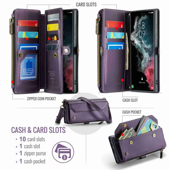 For Samsung Galaxy S22 Ultra 5G CaseMe C36 Card Slots Zipper Wallet RFID Anti-theft Leather Phone Case(Purple)