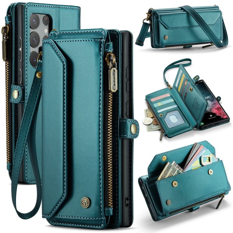 For Samsung Galaxy S22 Ultra 5G CaseMe C36 Card Slots Zipper Wallet RFID Anti-theft Leather Phone Case(Blue-green) - free shipping - PMC Jewellery - Order now!