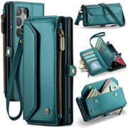 For Samsung Galaxy S22 Ultra 5G CaseMe C36 Card Slots Zipper Wallet RFID Anti-theft Leather Phone Case(Blue-green)