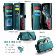 For Samsung Galaxy S22 Ultra 5G CaseMe C36 Card Slots Zipper Wallet RFID Anti-theft Leather Phone Case(Blue-green)