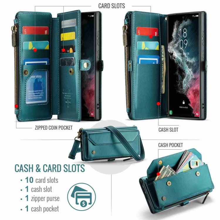 For Samsung Galaxy S22 Ultra 5G CaseMe C36 Card Slots Zipper Wallet RFID Anti-theft Leather Phone Case(Blue-green)