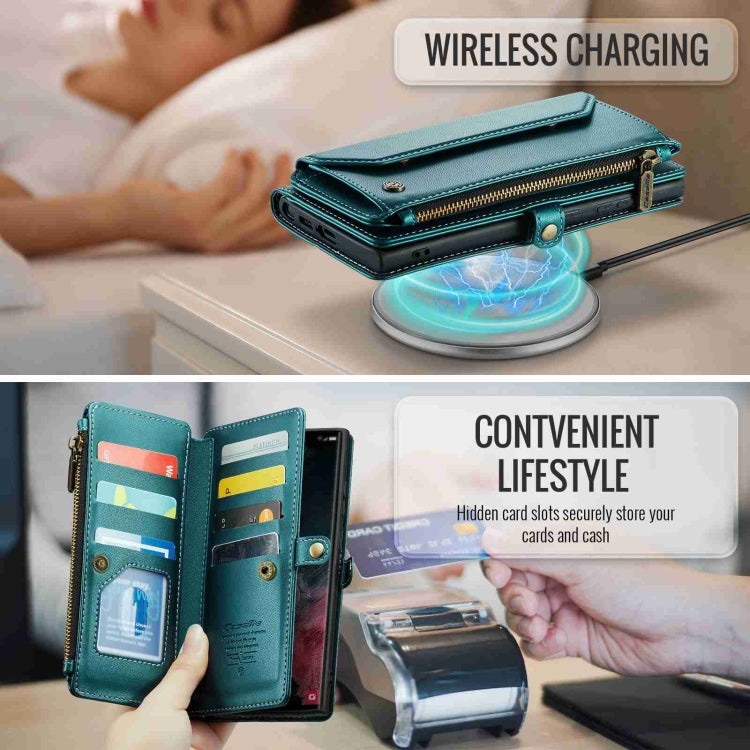 For Samsung Galaxy S22 Ultra 5G CaseMe C36 Card Slots Zipper Wallet RFID Anti-theft Leather Phone Case(Blue-green)