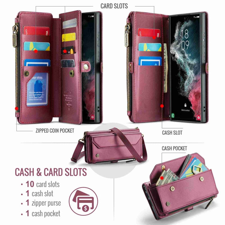 For Samsung Galaxy S22 Ultra 5G CaseMe C36 Card Slots Zipper Wallet RFID Anti-theft Leather Phone Case(Wine Red)